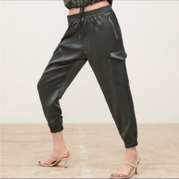 Zara Pants & Jumpsuits Zara Green Satin Cargo Jogger Pants Size